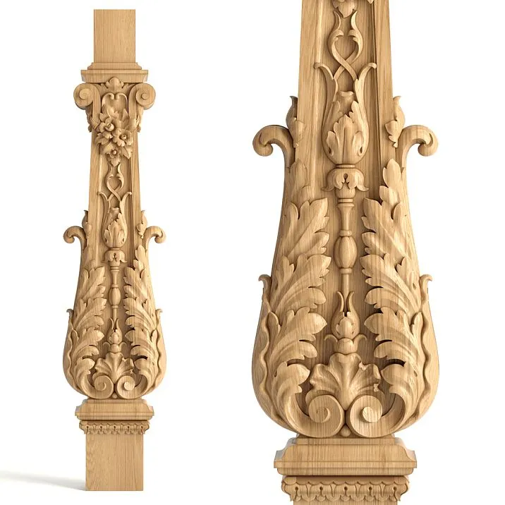 Carved wooden staircase baluster L-106 with leaf and flower pattern