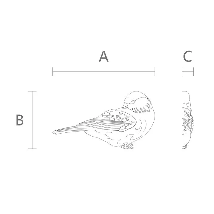 Drawing of wooden decor N-497L, carved ornament in the form of a bird, dimensions and proportions.