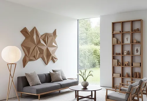 Деревянная 3D-композиция на белой стене в интерьере минимализма, акцент фактуры