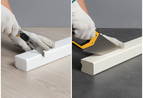 Сравнение плинтусов из полистирола и полиуретана: на фото показаны процессы резки материалов ножом и пилой для наглядного различия их структуры и свойств