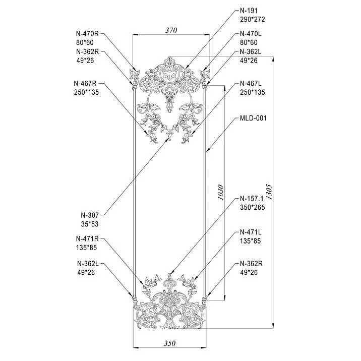 Wooden decoration set C-053, consisting of 12 carved appliqu&eacute;s, drawing composition