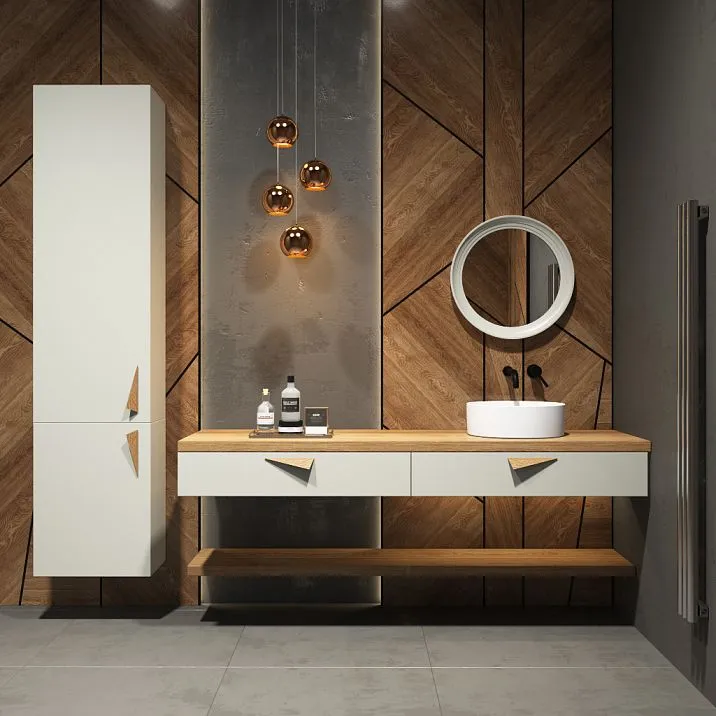 Modern wooden handles on cabinet and drawer fronts