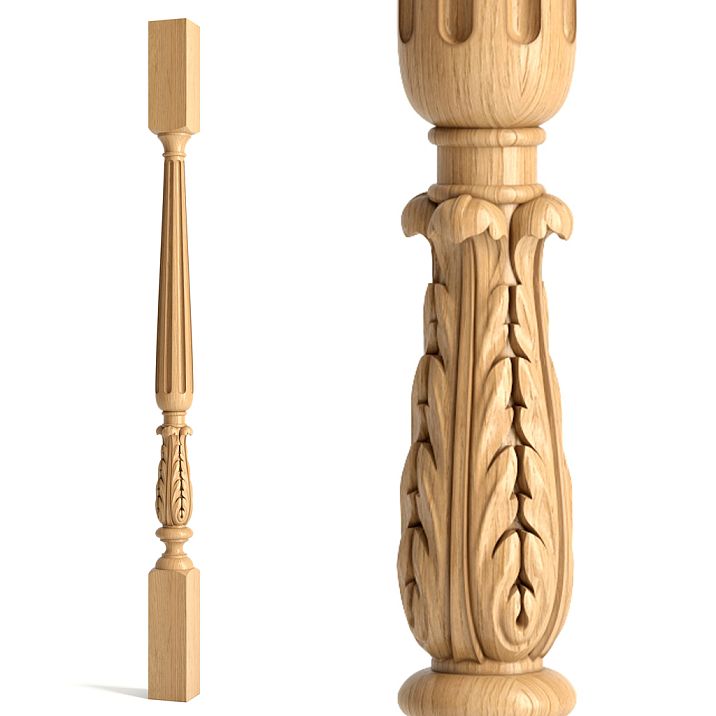 Wooden baluster L-037 with grooves and carved acanthus leaf decoration