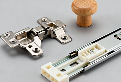 Металлическая мебельная петля, направляющая и деревянная ручка для корпусной мебели