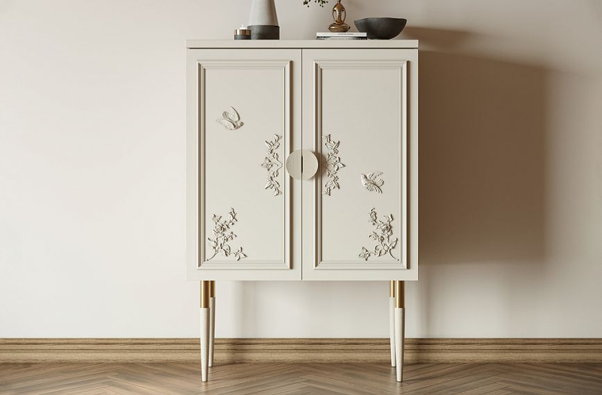 Идея декорирования комода KMD-024 с резными накладками и мебельной ручкой Duet HL-018.1.