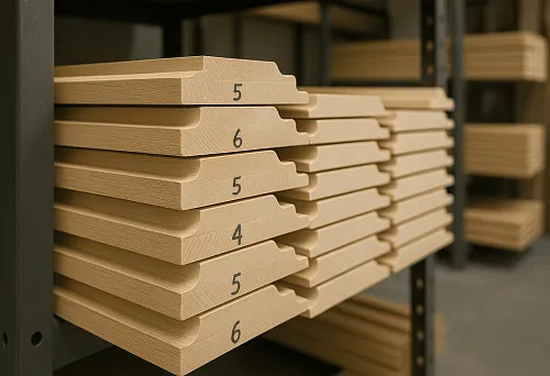 Профилированные деревянные плинтусы с маркировкой, уложенные на складе в Нижнем Новгороде