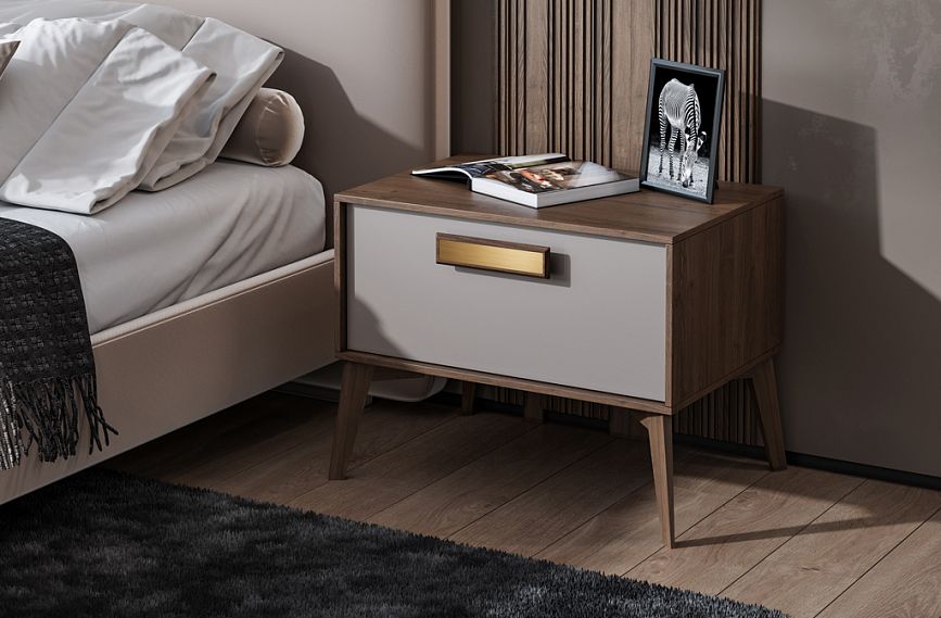 Обновить тумбу KMD-038 современными ножками MN-215 и мебельной ручкой HL-055M в интерьере спальной комнаты.