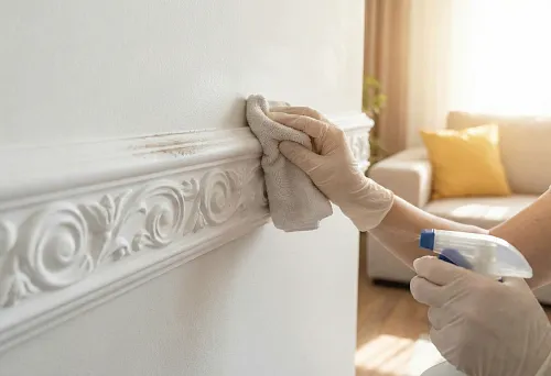 Уход за лепниной из полиуретана: протирка орнаментального молдинга мягкой салфеткой, удаление пыли без повреждения рельефа