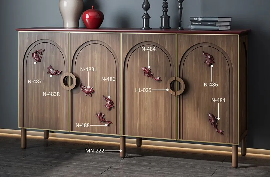 Комод KMD-049 с элегантными деревянным декором N-483L, N-484 и геометрическими ножками MN-222.