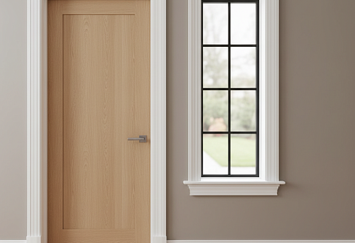 Современный интерьер с дверным и оконным проемом, оформленным белыми наличниками из МДФ