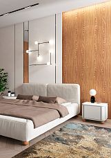 Round legs for bedside table and bed photo in interior