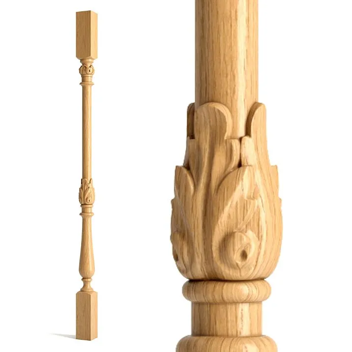 Wooden staircase newel post L-049 with acanthus leaves