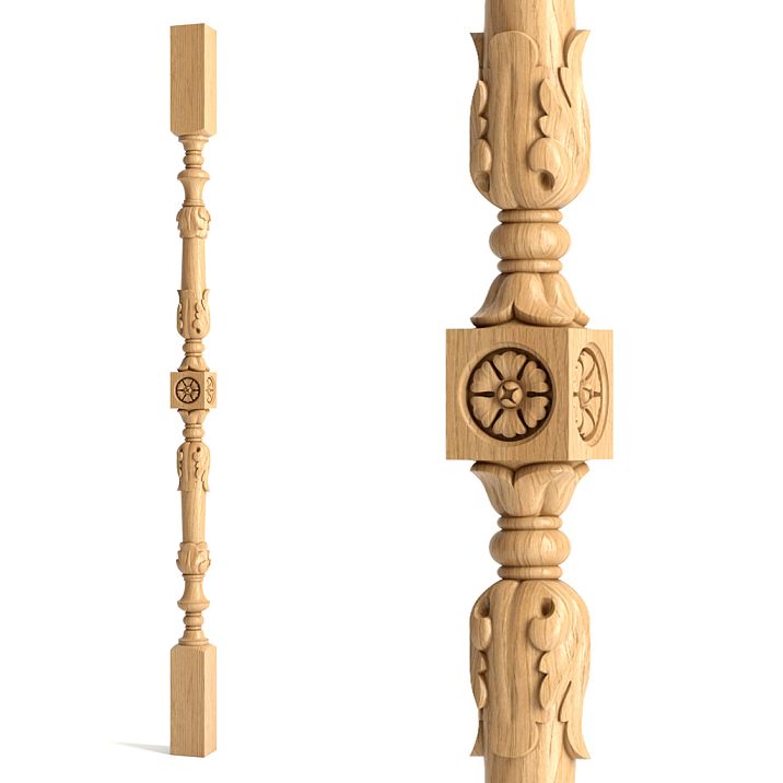 Carved stair baluster L-041 made of wood against the wall.