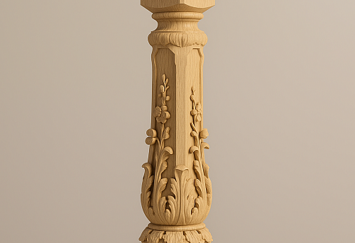Деревянная резная колонна для лестницы с декоративными цветочными элементами и классической капителью