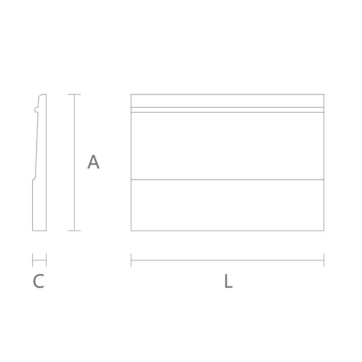 Drawing with dimensions of baseboard PLT-003: height, width, and profile