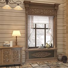 Interior with decor from the Russian style collection, carved wooden insert N-331 in the interior on photo