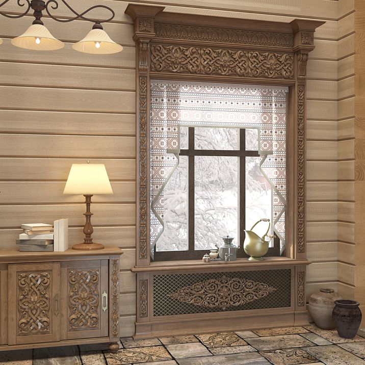 Interior with decor from the Russian style collection, carved wooden insert N-331 in the interior on photo