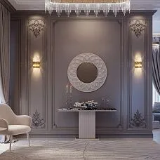 Polyurethane relief decoration CPU.VRS-059 installed on a wall in a classic interior, creating an accent panel effect.