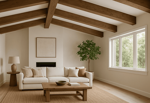 Светлая гостиная с фальш балками из дерева на потолке, бежевым диваном и большим окном в интерьере в скандинавском стиле