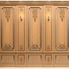 Carved wooden inlay, interior decoration with wooden decor photo