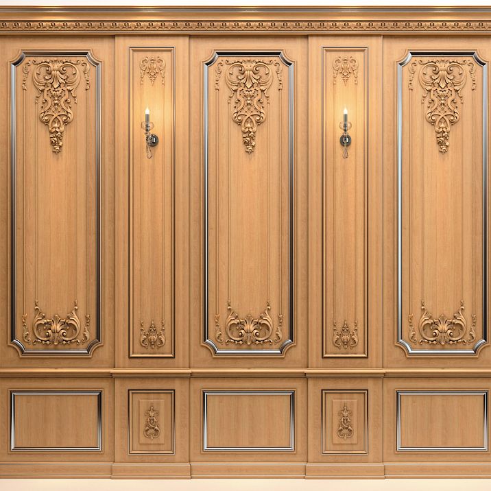 Carved wooden inlay, interior decoration with wooden decor photo