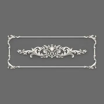 Лепной декор CPU.VRS-064.1: горизонтальное панно с барочным орнаментом и рамочным обрамлением, 3D-визуализация на сером фоне