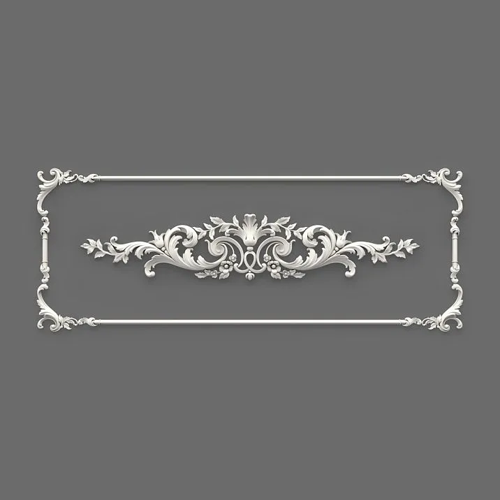 Stucco Decor CPU.VRS-064.1: Horizontal Panel with Baroque Ornament and Frame Border, 3D Visualization on Gray Background