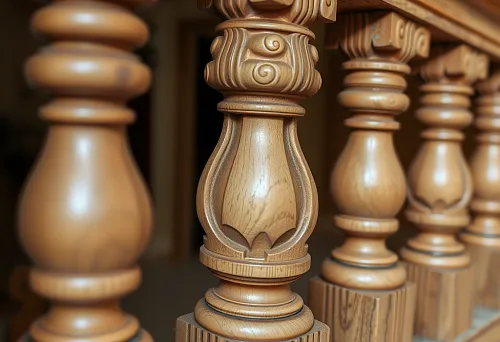 Резные деревянные балясины на лестнице, крупный план. Мастерство деревообработки Брянска, декоративные элементы,