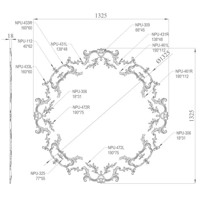 Carved molded decoration CPU-068 set composition &mdash; molding element for wall and ceiling surfaces
