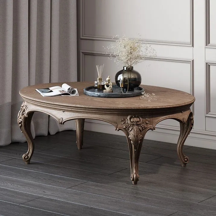 Carved pedestal for a coffee table made of natural wood in the interior shown in the photo