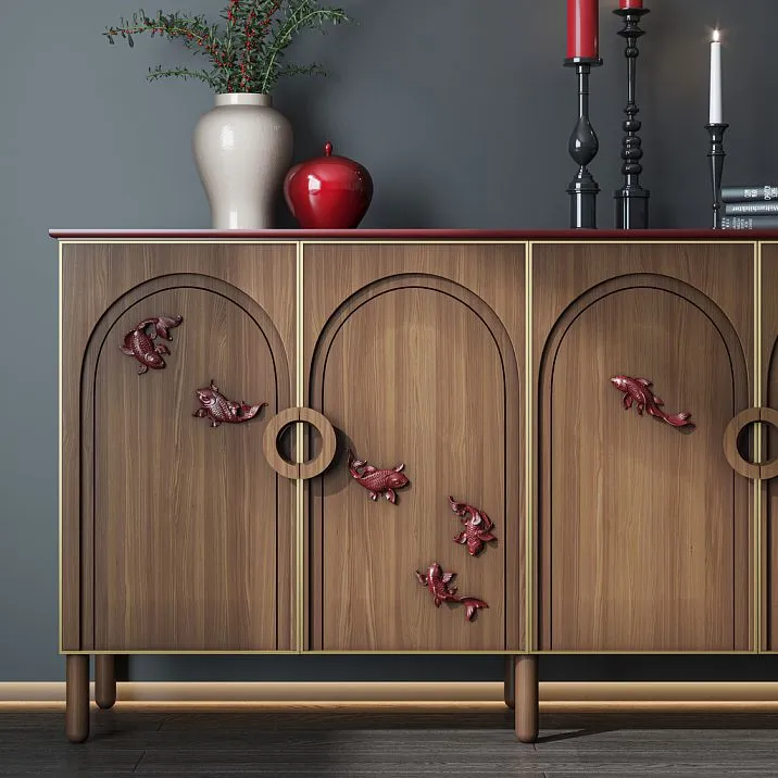 Carved Inlay N-487 Fish in Wood on a Cabinet