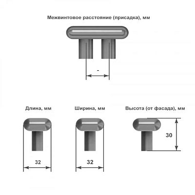 Схема с указанием размеров ручки-кнопки for furniture: диаметр 30 мм, высота 30 мм, расстояние между крепежными отверстиями 16 мм
