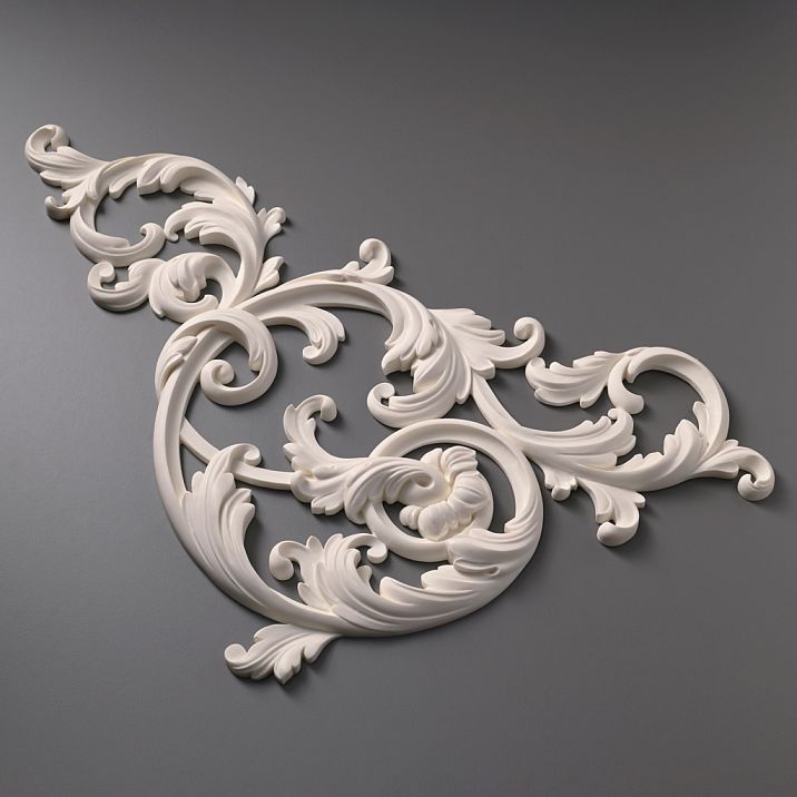 Carved polyurethane overlay NPU-440L, left part of a paired composition. Luxurious Stavros molding for creating symmetrical interior decor for painting