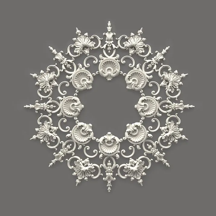 Star-shaped stucco decoration CPU-070 made of polyurethane, 765&times;765&times;18 mm, with eight-ray composition and fan-shaped elements