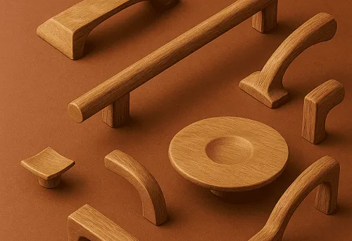 Разнообразные деревянные ручки и элементы фурнитуры для мебели.