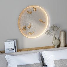 Wall panel with lighting, decorated with polyurethane stucco in the shape of fish.