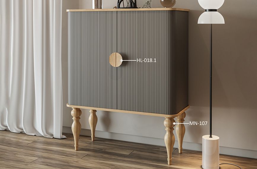 Идея декорирования комода KMD-025 с ручками Duet HL-018.1 и точеными ножками MN-107 в спальную комнату.