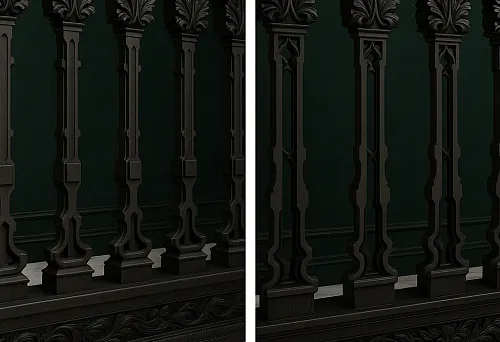 Чёрные резные деревянные балясины, установленные на лестничном марше