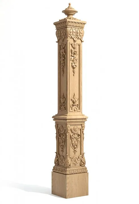 Support carved post from solid wood for staircase