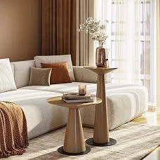 Tables Sopp 002-014 with Svamp 002-013 made of natural wood in a living room interior