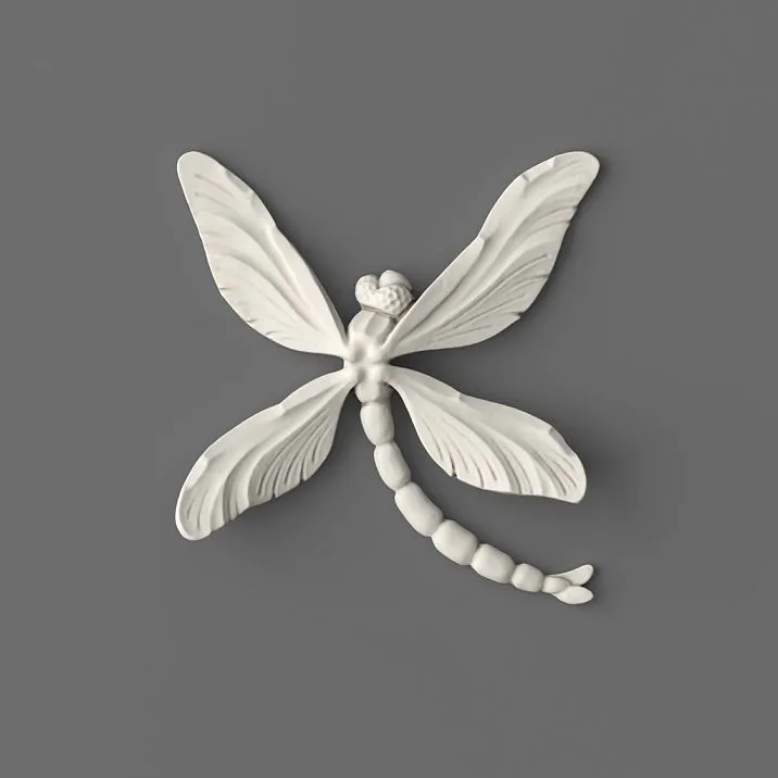 Polyurethane molding NPU-480 in the shape of a dragonfly, front view, white color.