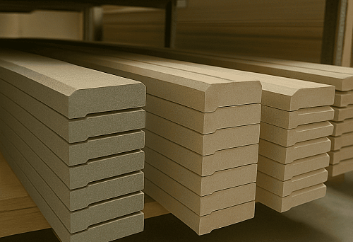 Плинтусы из дерева, подготовленные к продаже на складе в Санкт‑Петербурге