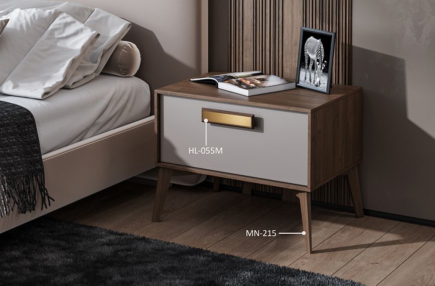 Тумба KMD-038 с современными ножками MN-215 и мебельной ручкой HL-055M в интерьере спальной.