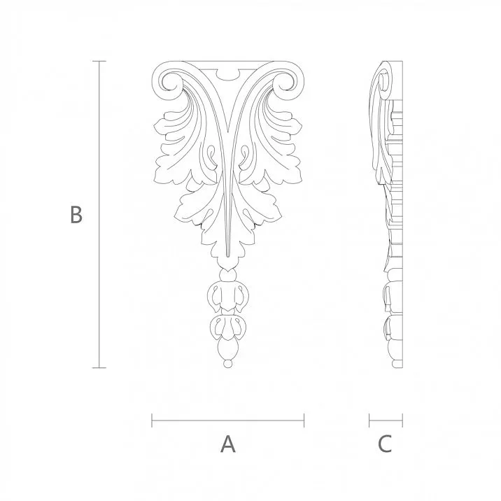 Wooden decorative element with carved baroque style drawing