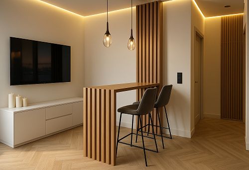 Новая мебель в современном интерьере — барная стойка и стулья для примера эффективной продажи мебели