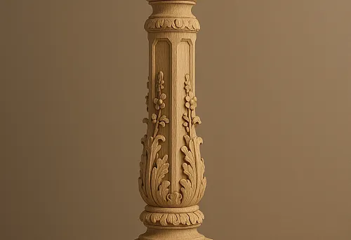 Резная деревянная колонна с декоративной вершиной и цветочным орнаментом