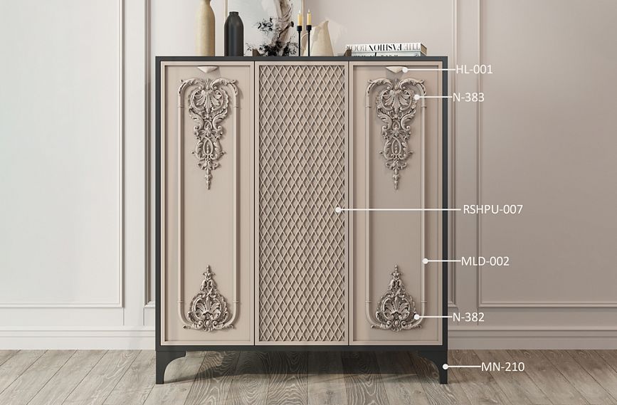Дизайн комода KMD-028 с накладками и ручками, украшенный декоративными элементами.