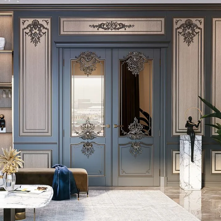 Carved overlay N.VRS-013 for walls and furniture, interior photo of application