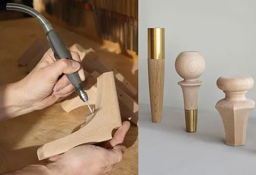 Три фигурные ножки из массива дерева с металлическими вставками, предназначенные для изготовления или реставрации мебели