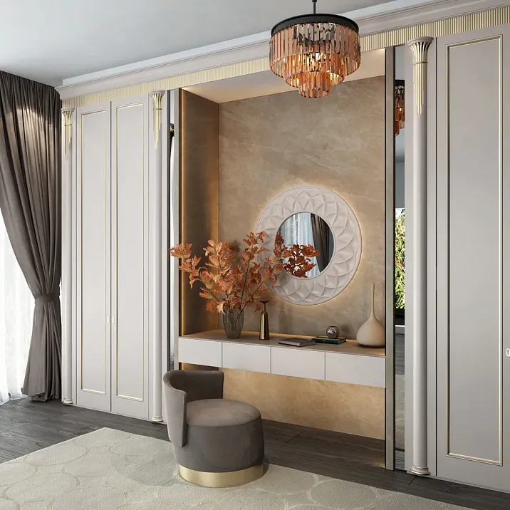 Interior of a house with wooden pilasters PLM-022 on furniture facades